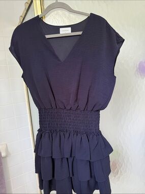 Adrienne Navy Smocked Waist Ruffle Tiered V-Neck Dress